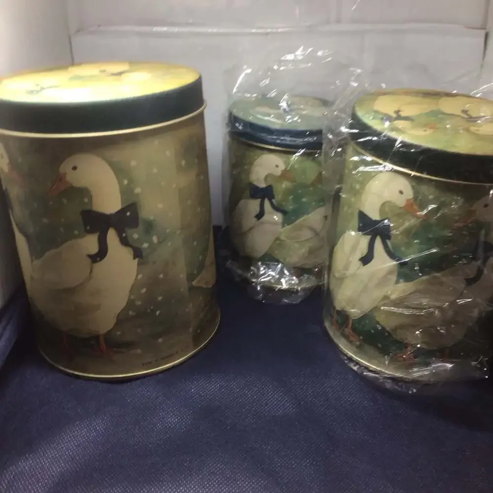 Vintage Nesting Metal Canister Set with Winter Geese and Blue Bows